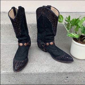 Vintage Black Suede & Bronze Cowboy Boots 7.5 EUC